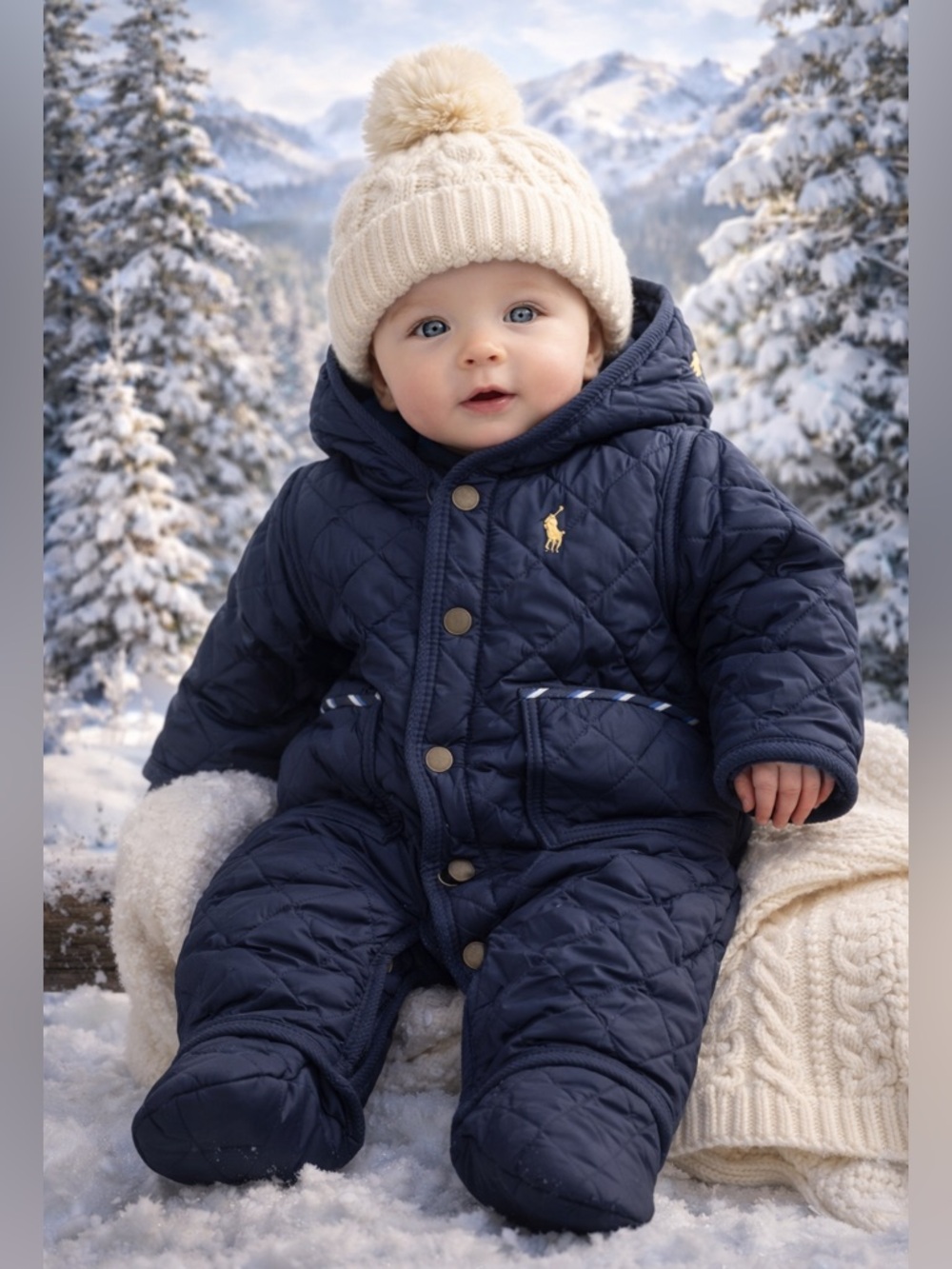 Ralph Lauren POLO Baby Quilted Bunting | Navy 6 Months | Hooded One-Piece GIFT